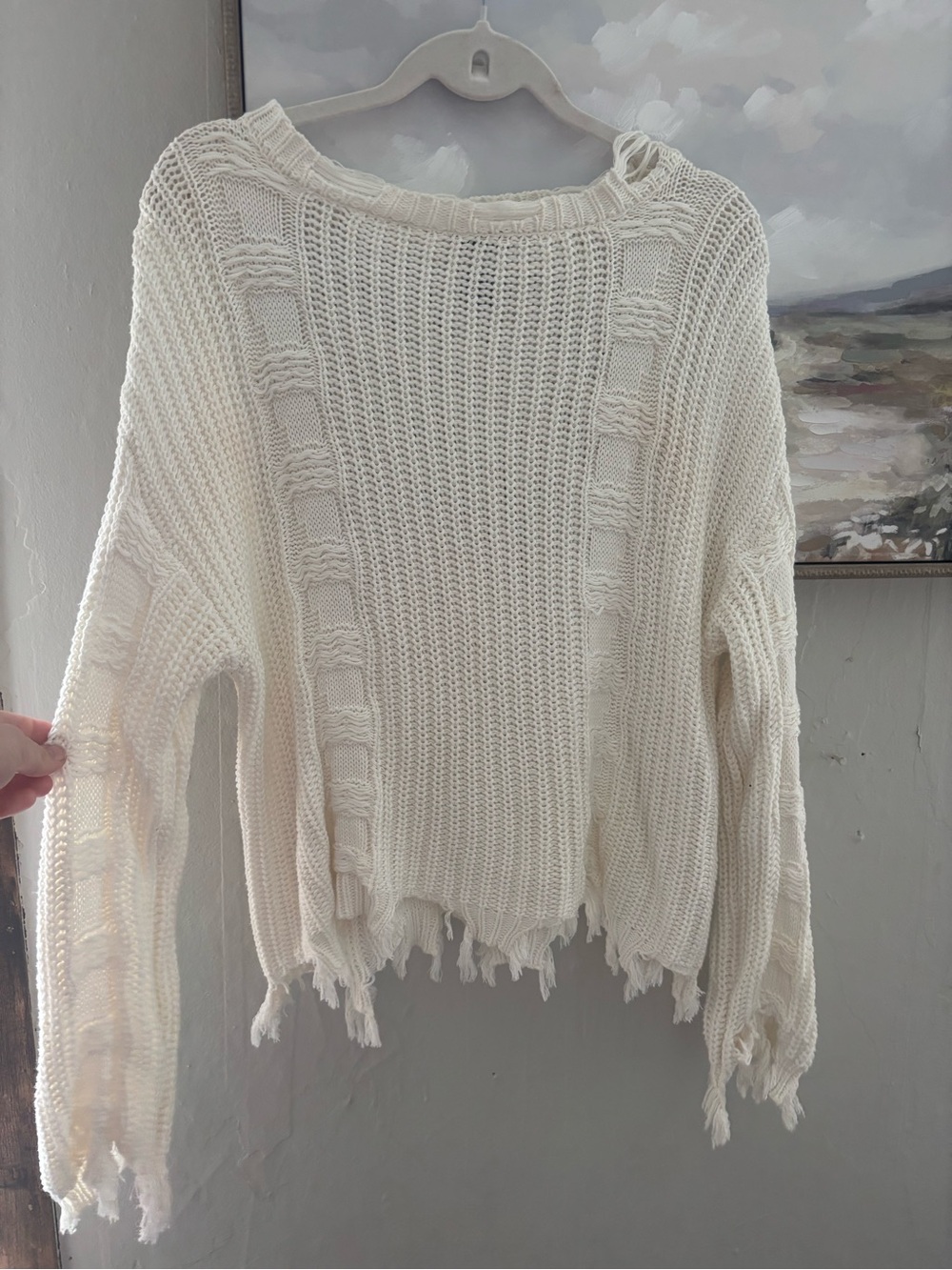 Daytrip Cream Distressed Cable Knit Sweater